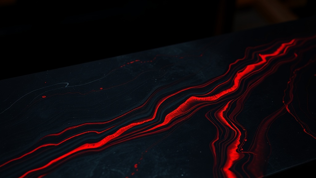 Molten red epoxy pour on a dark workbench